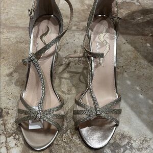 Elegant Gold Strappy Women's Heels with Rhinestones